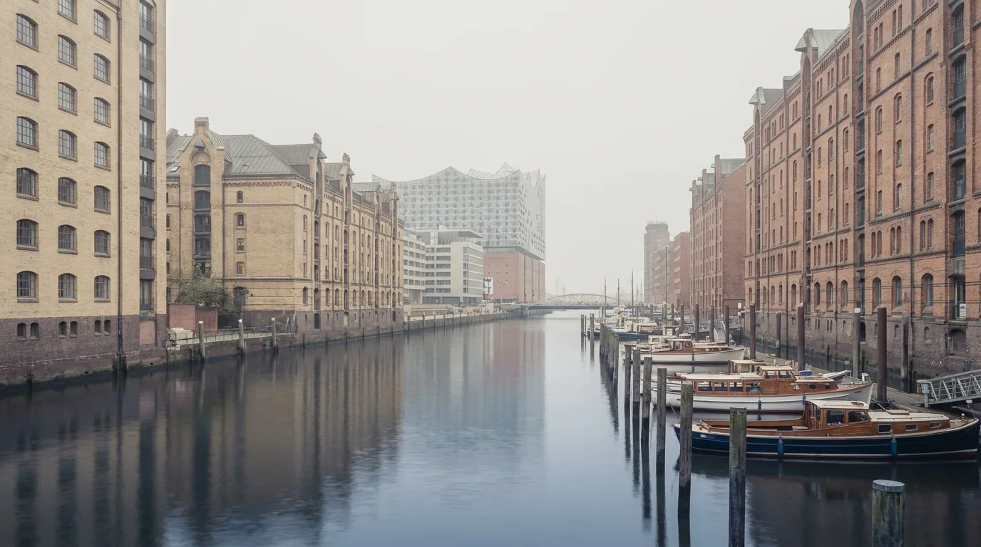 Hamburger Speicherstadt mit Elbphilharmonie im Dunst